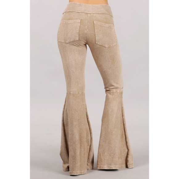 Beige Mineral Wash French Terry Flared Bell Bottom Pull On Pants w/ Pockets - Picture 2 of 5